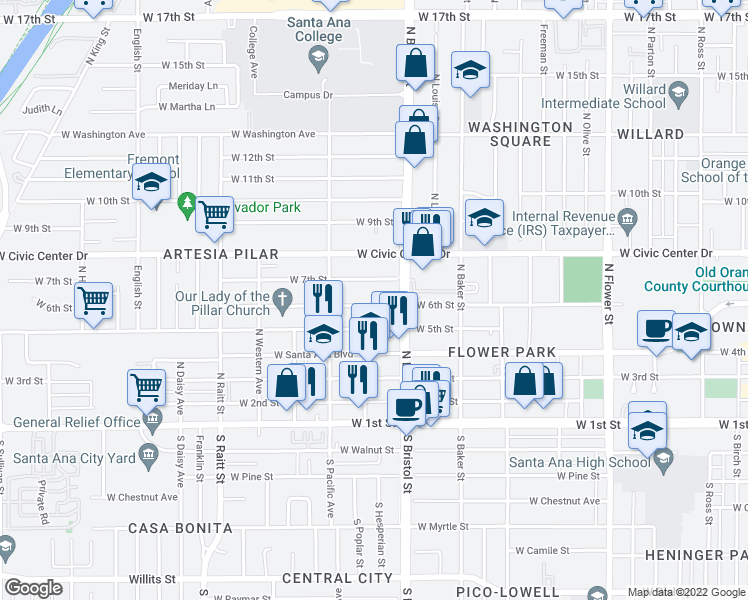 map of restaurants, bars, coffee shops, grocery stores, and more near 1333 West 6th Street in Santa Ana
