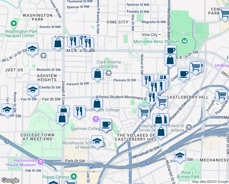 map of restaurants, bars, coffee shops, grocery stores, and more near 174 John Hope Drive Southwest in Atlanta