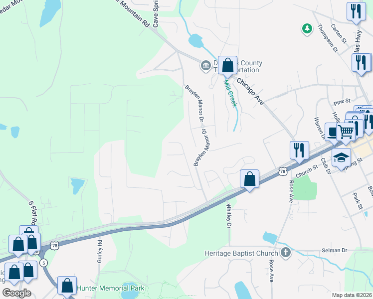 map of restaurants, bars, coffee shops, grocery stores, and more near 7233 Cedar Forest Drive in Douglasville