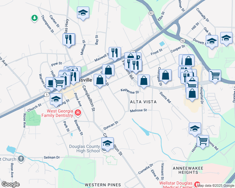 map of restaurants, bars, coffee shops, grocery stores, and more near 8478 Duncan Street in Douglasville