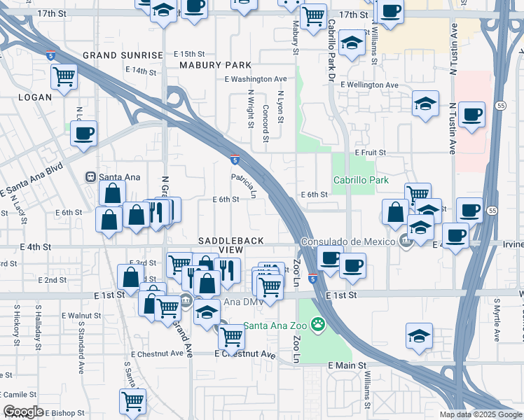 map of restaurants, bars, coffee shops, grocery stores, and more near 1633 Trinidad Way in Santa Ana