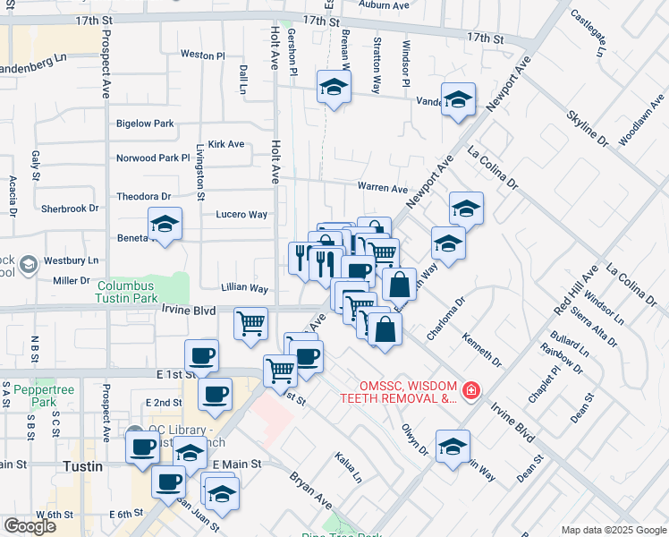 map of restaurants, bars, coffee shops, grocery stores, and more near 13011 Newport Ave in Tustin