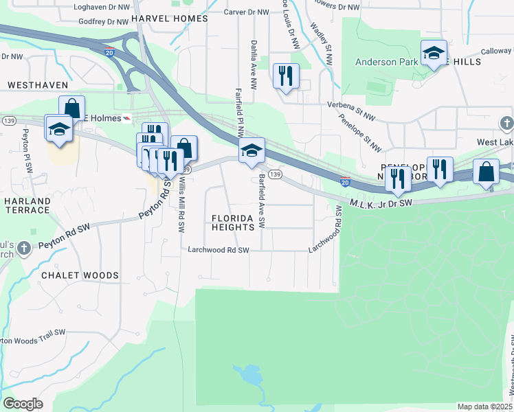 map of restaurants, bars, coffee shops, grocery stores, and more near 219 Barfield Avenue Southwest in Atlanta