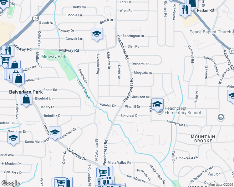 map of restaurants, bars, coffee shops, grocery stores, and more near 3358 Jackson Drive in Decatur
