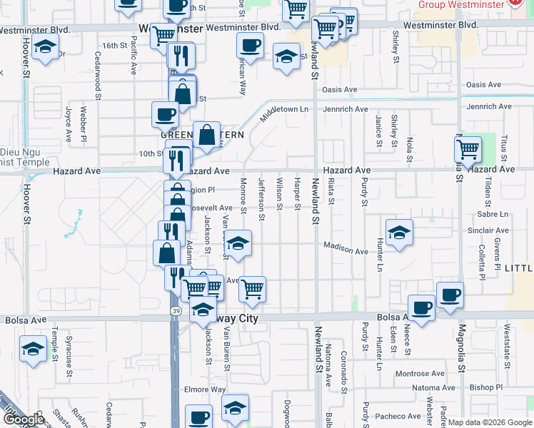 map of restaurants, bars, coffee shops, grocery stores, and more near 14632 Jefferson Street in Midway City