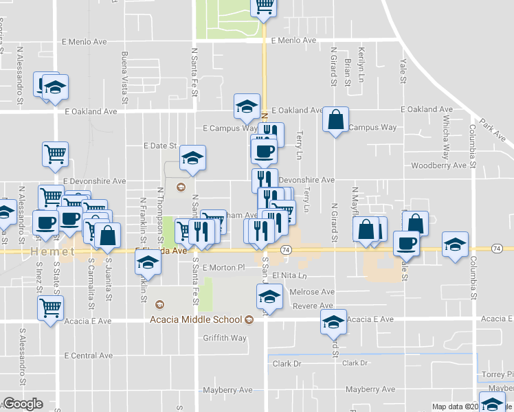 map of restaurants, bars, coffee shops, grocery stores, and more near 225 North San Jacinto Street in Hemet