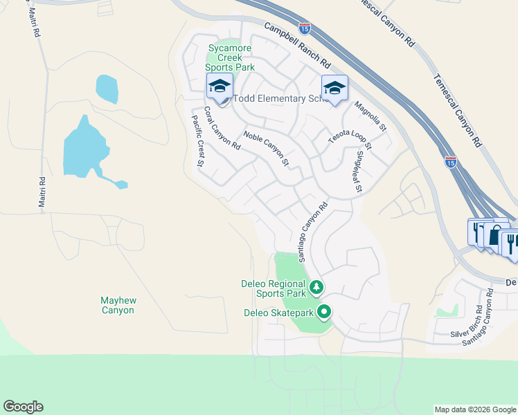 map of restaurants, bars, coffee shops, grocery stores, and more near 25465 Hyacinth Street in Corona