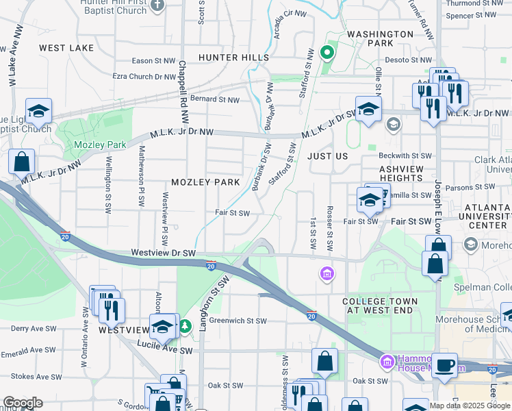map of restaurants, bars, coffee shops, grocery stores, and more near 189 Burbank Drive Southwest in Atlanta