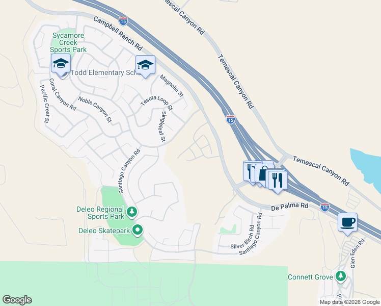 map of restaurants, bars, coffee shops, grocery stores, and more near 25432 Jack Rabbit Lane in Corona