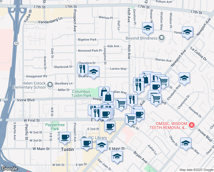 map of restaurants, bars, coffee shops, grocery stores, and more near 14721 Candeda Place in Tustin