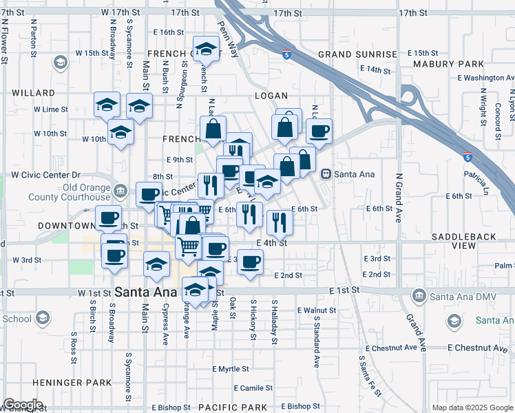 map of restaurants, bars, coffee shops, grocery stores, and more near 604 North Lacy Street in Santa Ana
