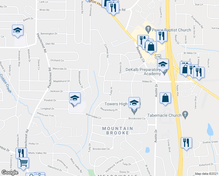 map of restaurants, bars, coffee shops, grocery stores, and more near 1462 Janmar Drive in Decatur