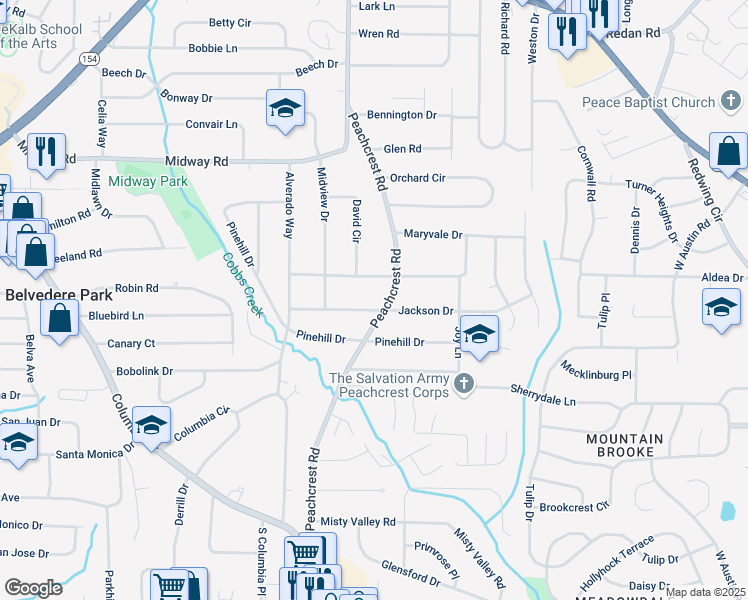 map of restaurants, bars, coffee shops, grocery stores, and more near 3406 Jackson Drive in Decatur