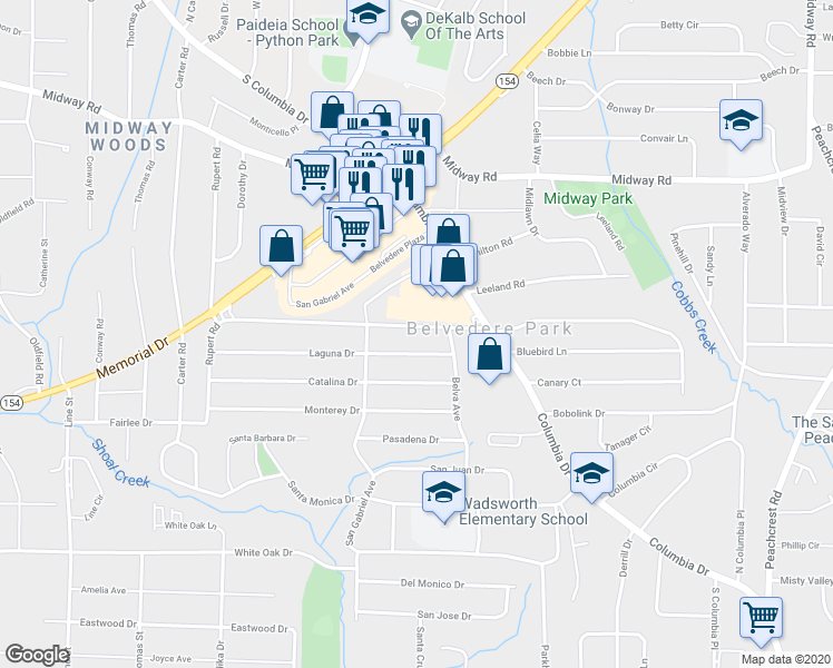 map of restaurants, bars, coffee shops, grocery stores, and more near 3005 Belvedere Lane in Decatur