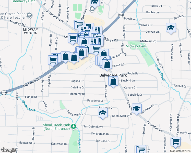 map of restaurants, bars, coffee shops, grocery stores, and more near 3005 Belvedere Lane in Decatur