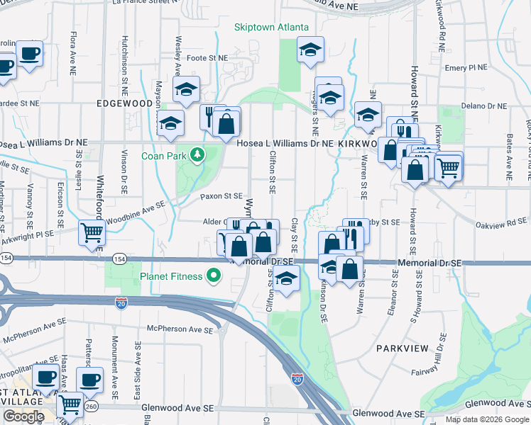 map of restaurants, bars, coffee shops, grocery stores, and more near 118 Clifton Street Southeast in Atlanta