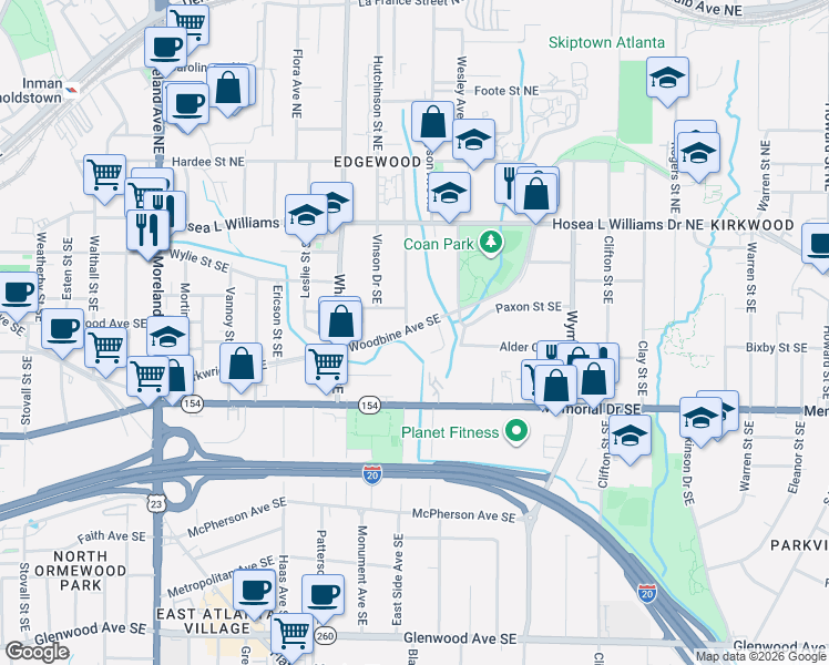 map of restaurants, bars, coffee shops, grocery stores, and more near 1471 Woodbine Avenue Southeast in Atlanta