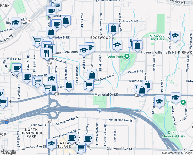 map of restaurants, bars, coffee shops, grocery stores, and more near 1412 Woodbine Avenue Southeast in Atlanta