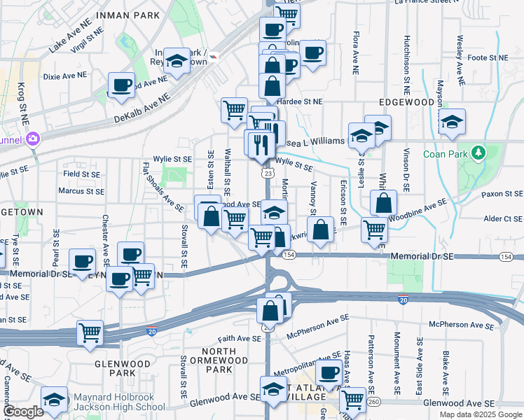 map of restaurants, bars, coffee shops, grocery stores, and more near 1145 Kirkwood Avenue Southeast in Atlanta