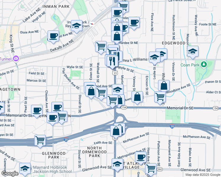 map of restaurants, bars, coffee shops, grocery stores, and more near in Atlanta