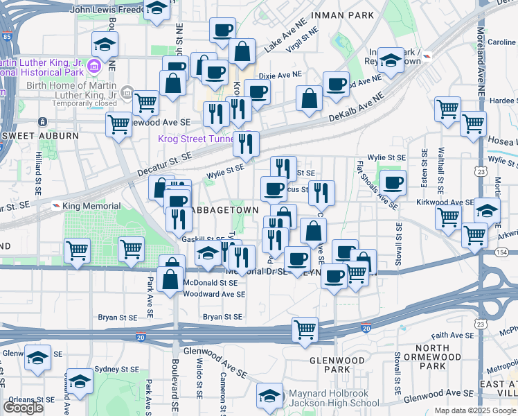 map of restaurants, bars, coffee shops, grocery stores, and more near 174 Estoria Street Southeast in Atlanta