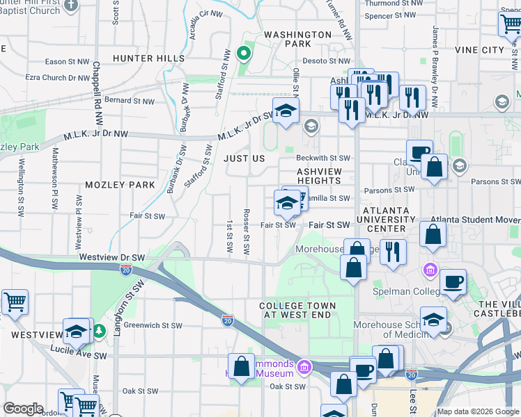 map of restaurants, bars, coffee shops, grocery stores, and more near 1077 Ashby Grove Southwest in Atlanta
