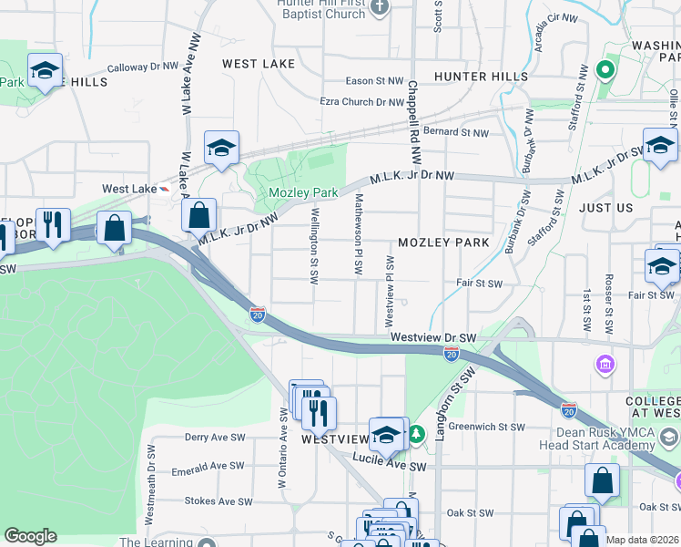 map of restaurants, bars, coffee shops, grocery stores, and more near 193 Mathewson Place Southwest in Atlanta