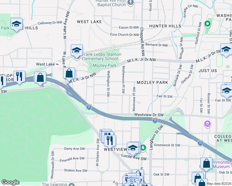 map of restaurants, bars, coffee shops, grocery stores, and more near 193 Mathewson Place Southwest in Atlanta