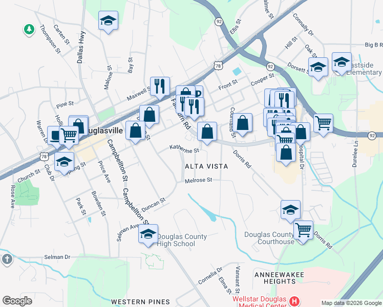 map of restaurants, bars, coffee shops, grocery stores, and more near 8450 Fairview Drive in Douglasville