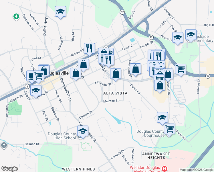 map of restaurants, bars, coffee shops, grocery stores, and more near 8450 Fairview Drive in Douglasville