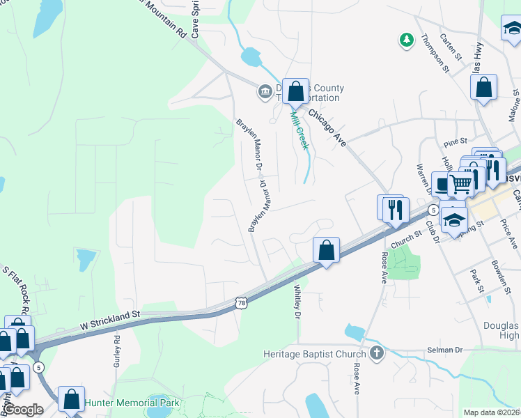 map of restaurants, bars, coffee shops, grocery stores, and more near 8592 Braylen Manor Drive in Douglasville