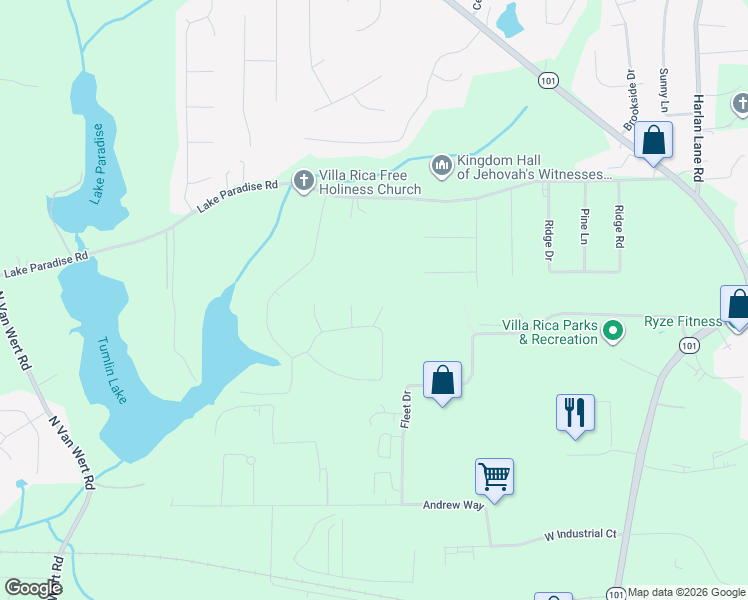 map of restaurants, bars, coffee shops, grocery stores, and more near 30 North Pine Place in Villa Rica