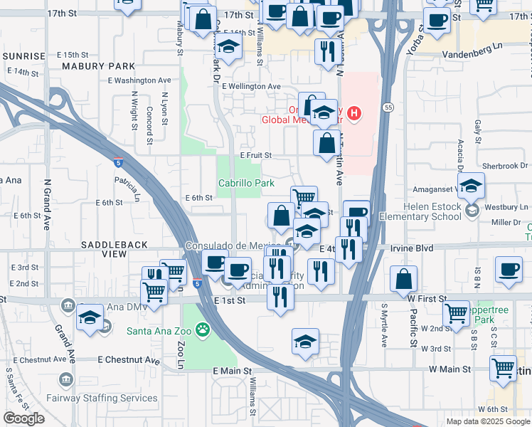 map of restaurants, bars, coffee shops, grocery stores, and more near 5 North Golden Circle Drive in Santa Ana