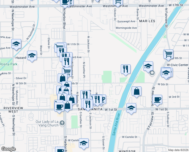 map of restaurants, bars, coffee shops, grocery stores, and more near 3406 West 7th Street in Santa Ana