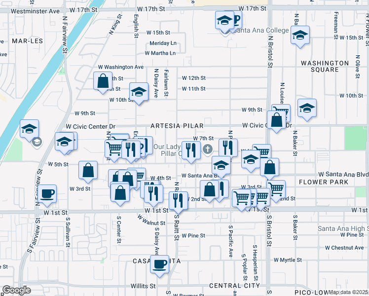 map of restaurants, bars, coffee shops, grocery stores, and more near 1721 West 6th Street in Santa Ana