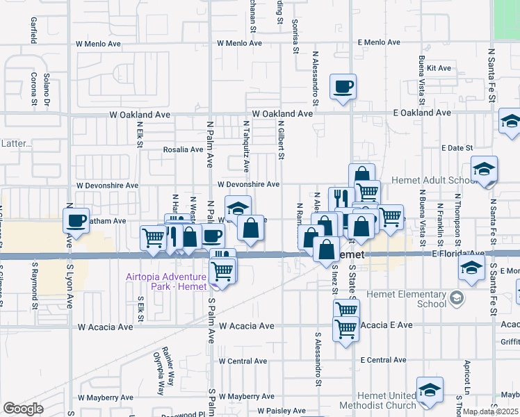 map of restaurants, bars, coffee shops, grocery stores, and more near 630 West Latham Avenue in Hemet