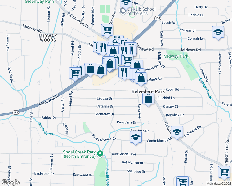 map of restaurants, bars, coffee shops, grocery stores, and more near 2969 Belvedere Lane in Decatur