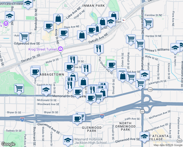 map of restaurants, bars, coffee shops, grocery stores, and more near 174 Chester Avenue Southeast in Atlanta