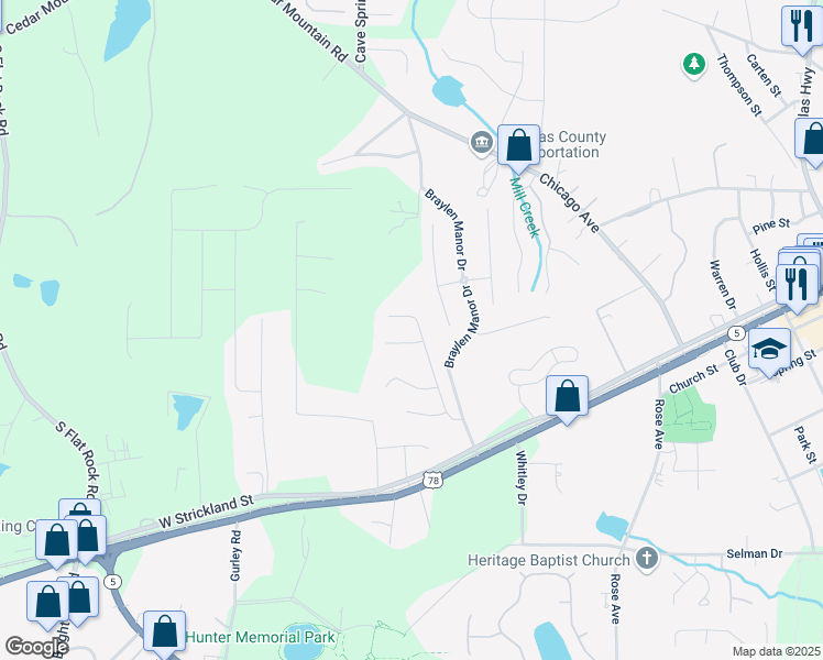 map of restaurants, bars, coffee shops, grocery stores, and more near 7236 Cedar Forest Drive in Douglasville