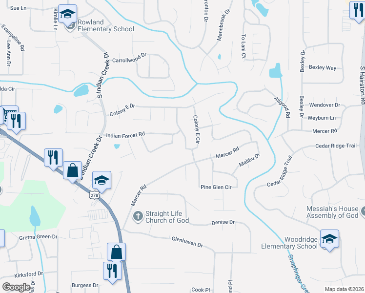 map of restaurants, bars, coffee shops, grocery stores, and more near 1463 Colony E Cir in Stone Mountain