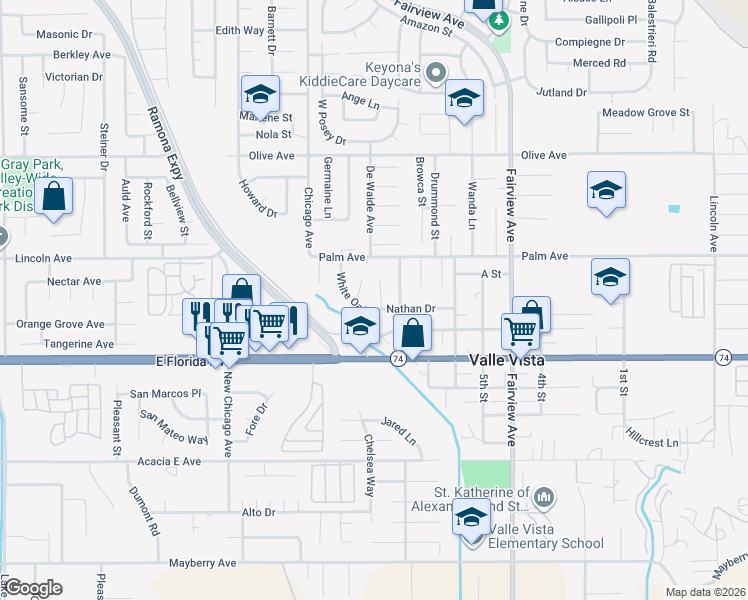 map of restaurants, bars, coffee shops, grocery stores, and more near 25601 Orangewood Lane in Hemet