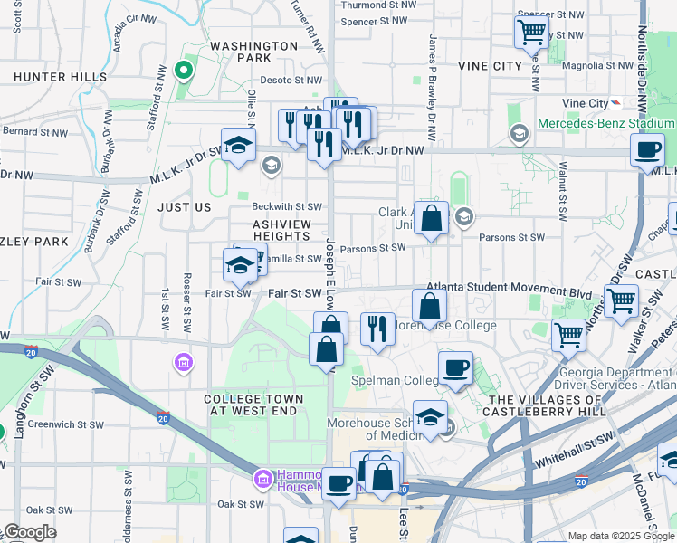 map of restaurants, bars, coffee shops, grocery stores, and more near 180 Joseph E Lowery Boulevard Southwest in Atlanta