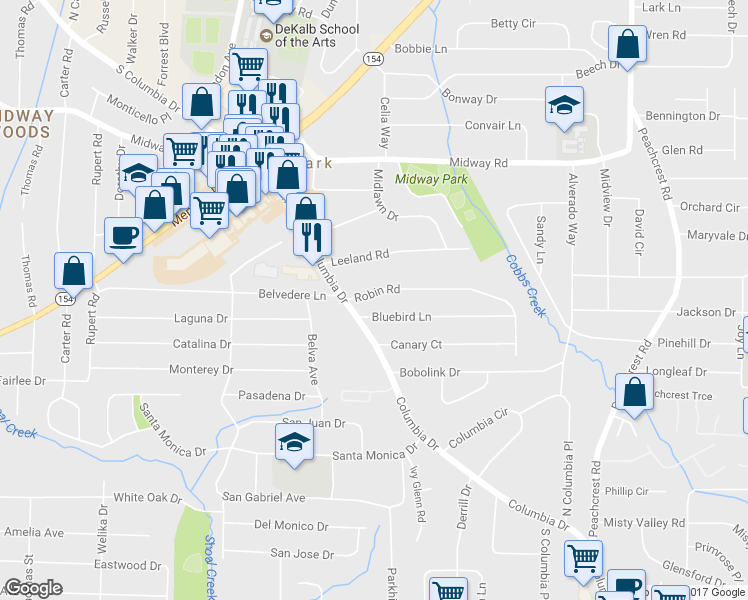 map of restaurants, bars, coffee shops, grocery stores, and more near 3107 Robin Road in Decatur