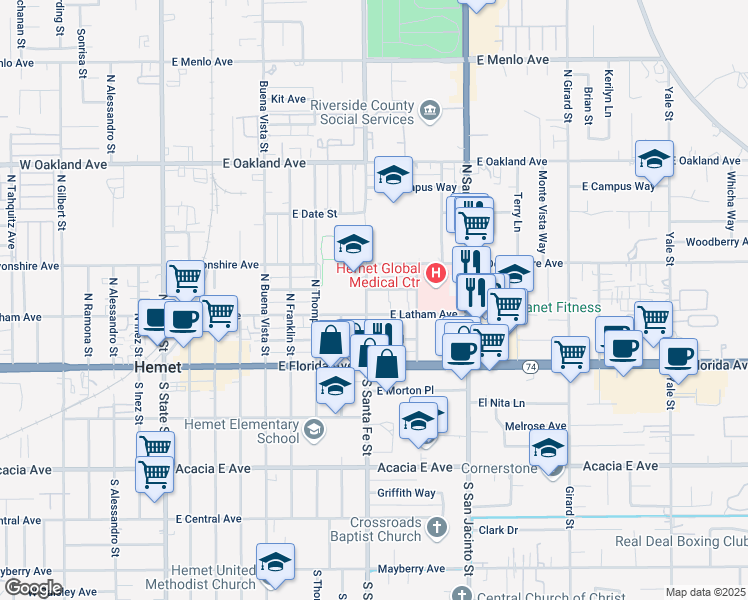 map of restaurants, bars, coffee shops, grocery stores, and more near 220 North Santa Fe Street in Hemet