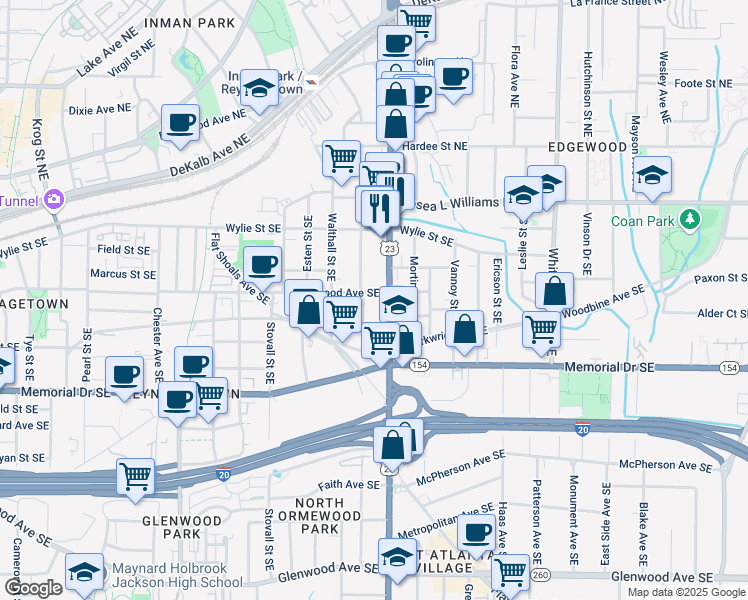 map of restaurants, bars, coffee shops, grocery stores, and more near in Atlanta