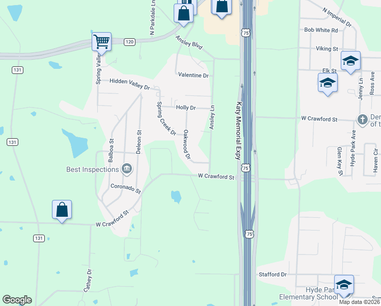 map of restaurants, bars, coffee shops, grocery stores, and more near 721 Ansley Lane in Denison