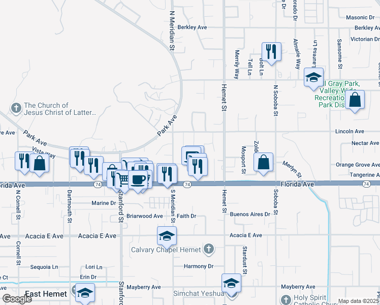 map of restaurants, bars, coffee shops, grocery stores, and more near 223 Glenmont Court in Hemet