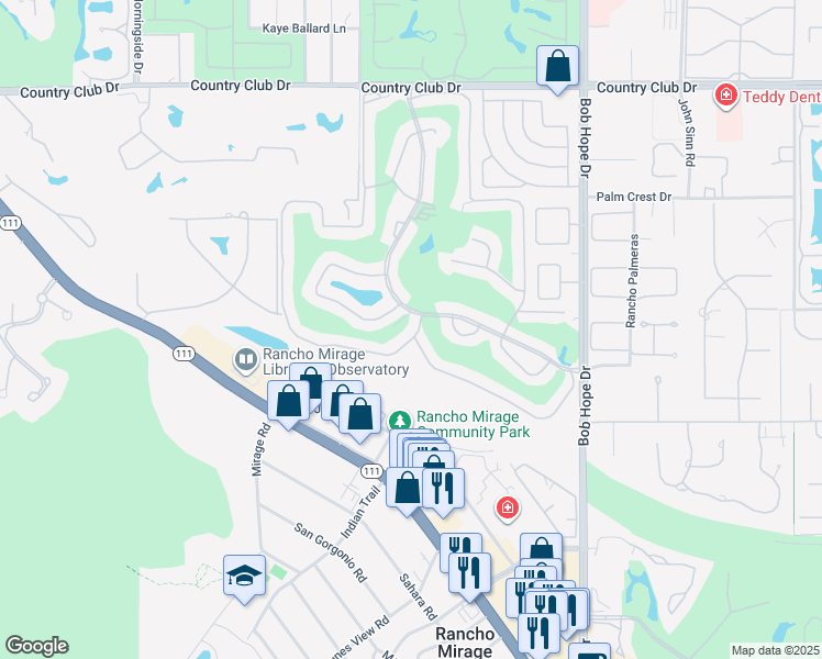 map of restaurants, bars, coffee shops, grocery stores, and more near 153 La Cerra Drive in Rancho Mirage