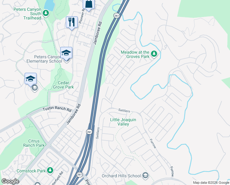 map of restaurants, bars, coffee shops, grocery stores, and more near 54 Glacier Valley in Irvine
