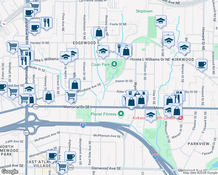 map of restaurants, bars, coffee shops, grocery stores, and more near 1541 Paxon Street Southeast in Atlanta